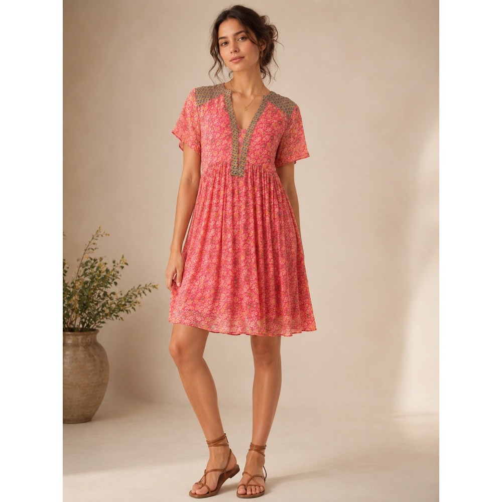 Maeve Anthropologie Morning Glory Babaydoll Dress 4 Pink Floral Tunic Boho Flowy